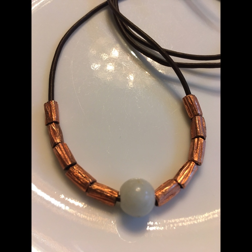 ARTISAN Brown Leather Amazonite with Copper Beads 24” Necklace - Picture 3 of 5